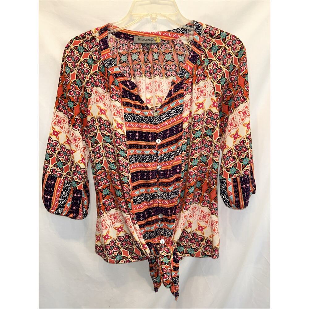 Figueroa & Flower Womens Petite Medium Blouse Tie Front 3/4 Sleeve V Neck Boho